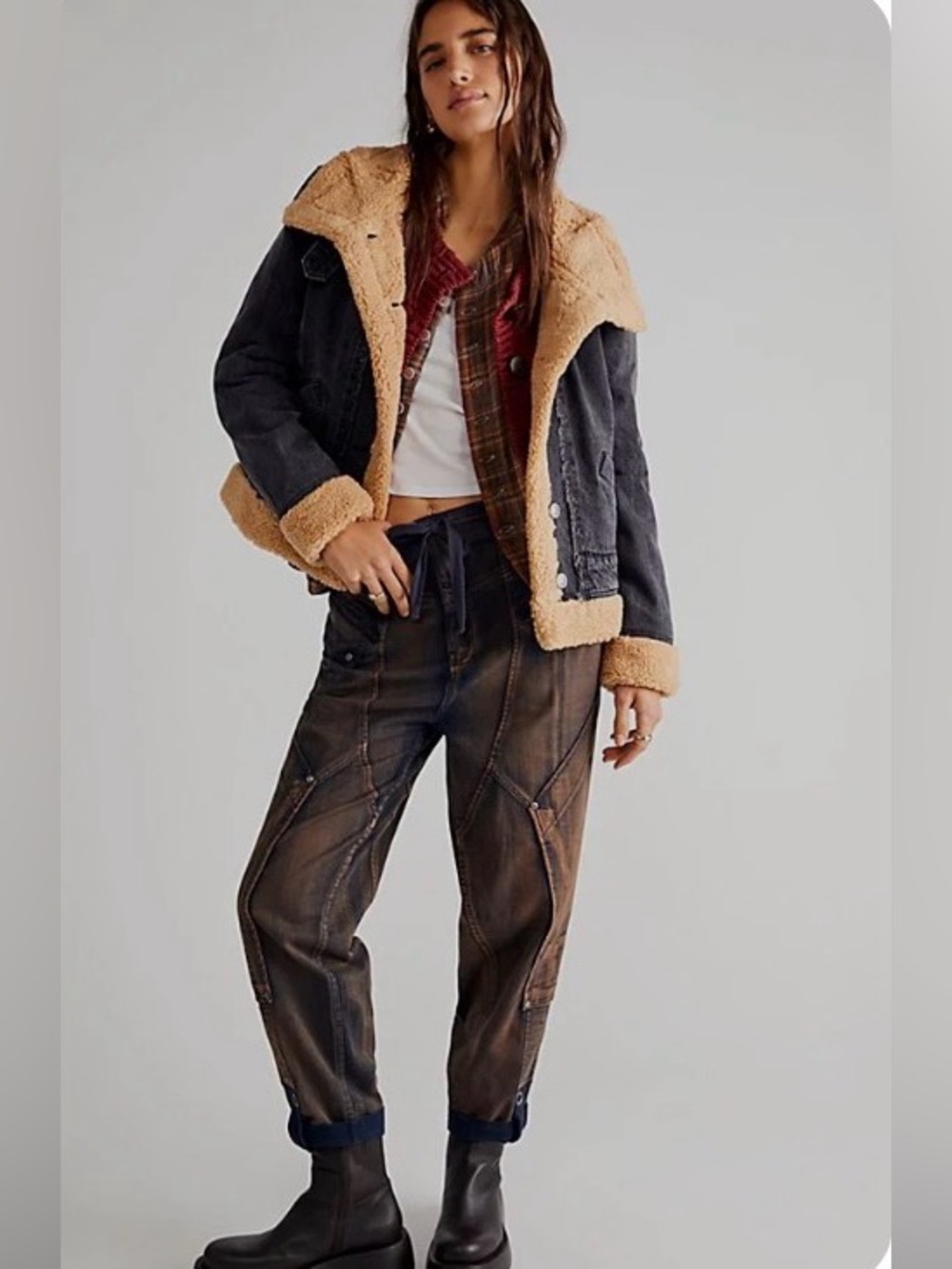 Free People “We the Free” Rylee Moto Black Jacket with Tan Fleece Lining
